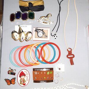 1980's Lot Barrettes Necklaces * New Vintage Clown Pin, Earrings, Rocking Horse